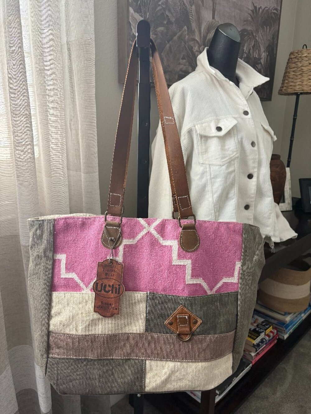 UCHI upcycled tote bag with Dhurry Canvas & Genuine Leather Trim